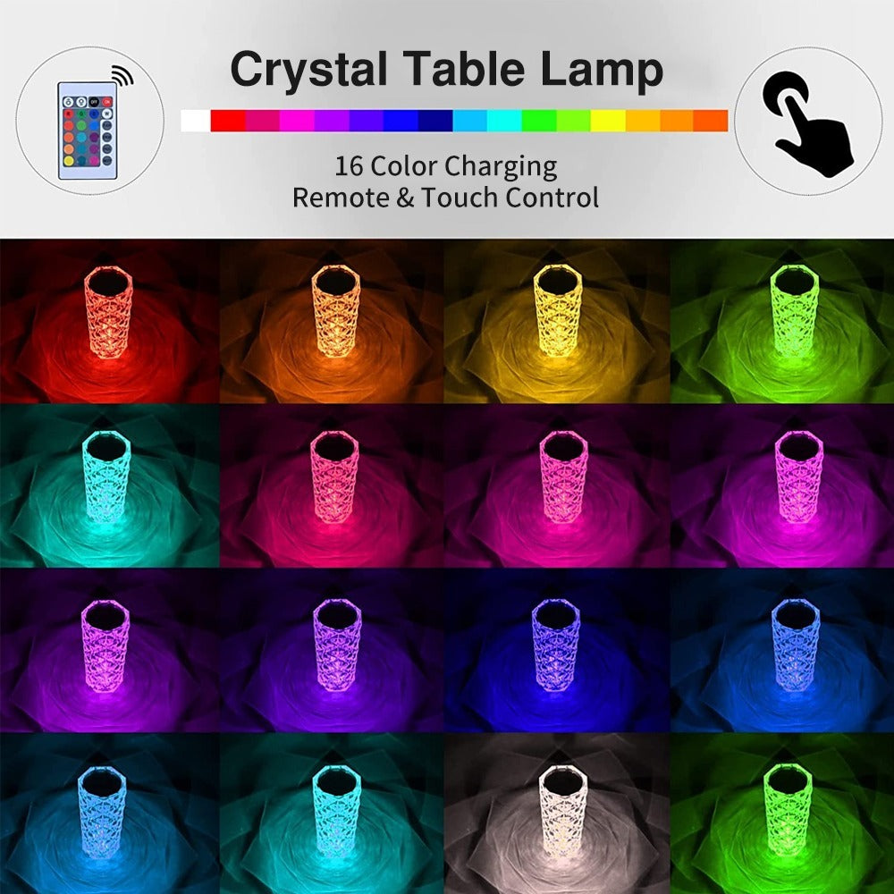 LED Crystal Table Lamp Rose Light Projecto 3/16 Colors Touch Adjustable Romantic Diamond Atmosphere Light USB Touch Night Light