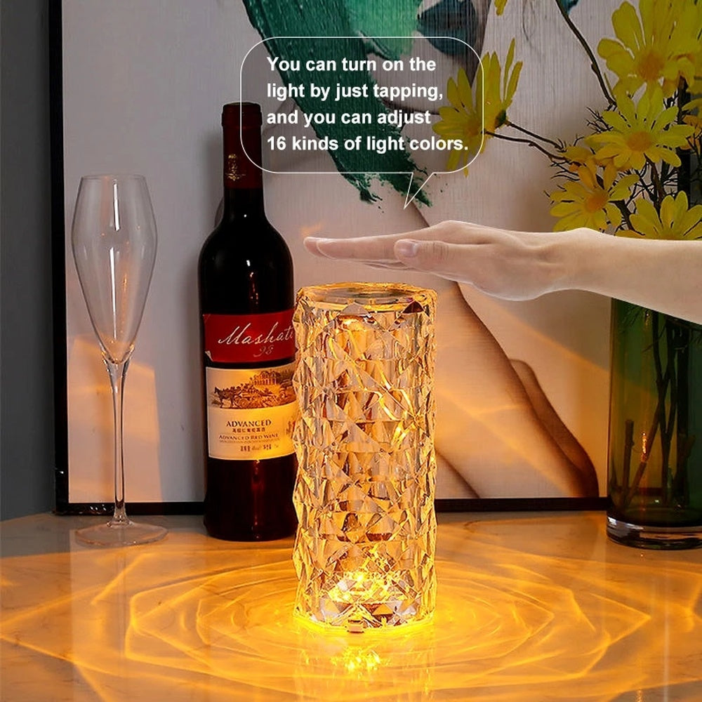 LED Crystal Table Lamp Rose Light Projecto 3/16 Colors Touch Adjustable Romantic Diamond Atmosphere Light USB Touch Night Light